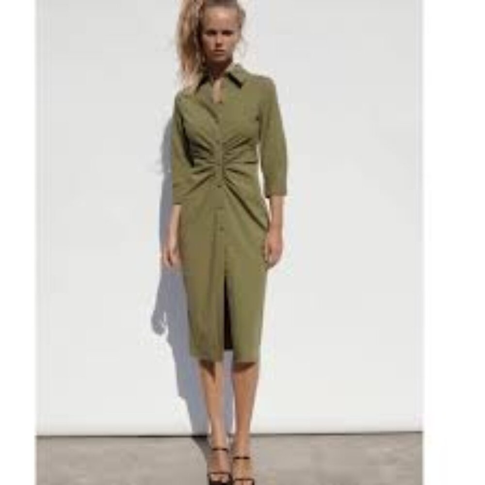 NWT Zara Ruched Button Down Stretch Midi Shirt Dress Green Size M